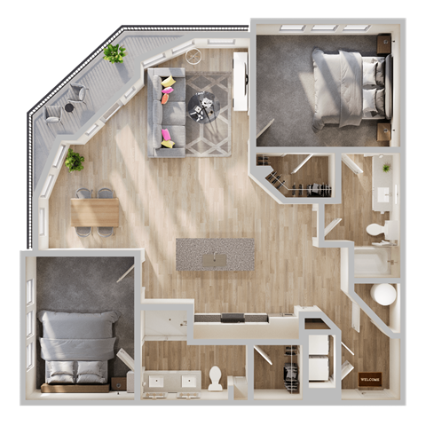 Floor plan for 2 beds, 2 baths, 1266 sqft